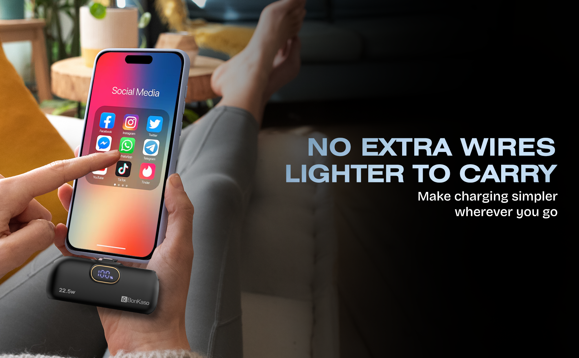 BonKaso 5000mAh Mini Power Bank 22.5W PD Fast Charging, USB-C Type-C Input/Output, Built-in i5 Cable, Digital LED Display, Compact Pocket Portable Charger for iPhone & Android – Black