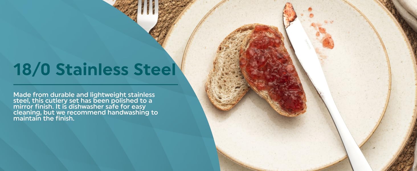 Person holding knife and fork over plate with bread and jam.