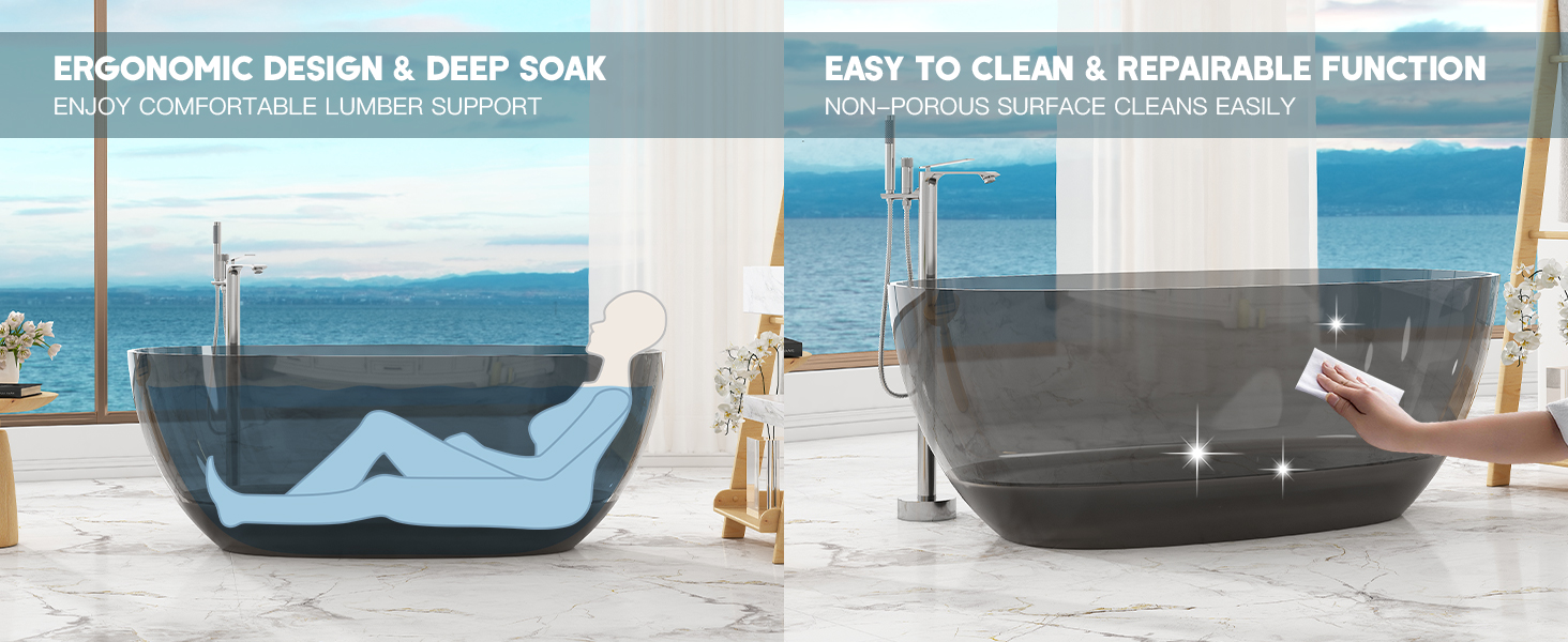 CASAINC 59" Resin Freestanding Bathtub Transparent Soaking Tub Modern