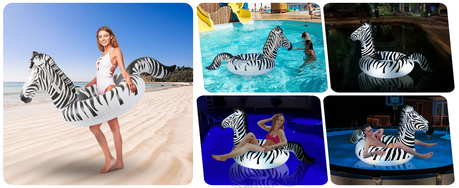FlyfreeU Inflatable Zebra Pool Float with Lights, Solar