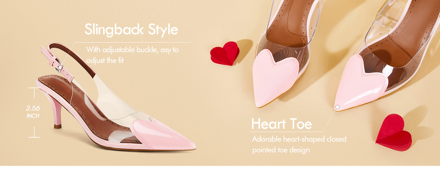 Womens Slingback Kitten Heels Clear Pumps Cute Heart Pointed Toe Slip On Party Prom Dress Shoes