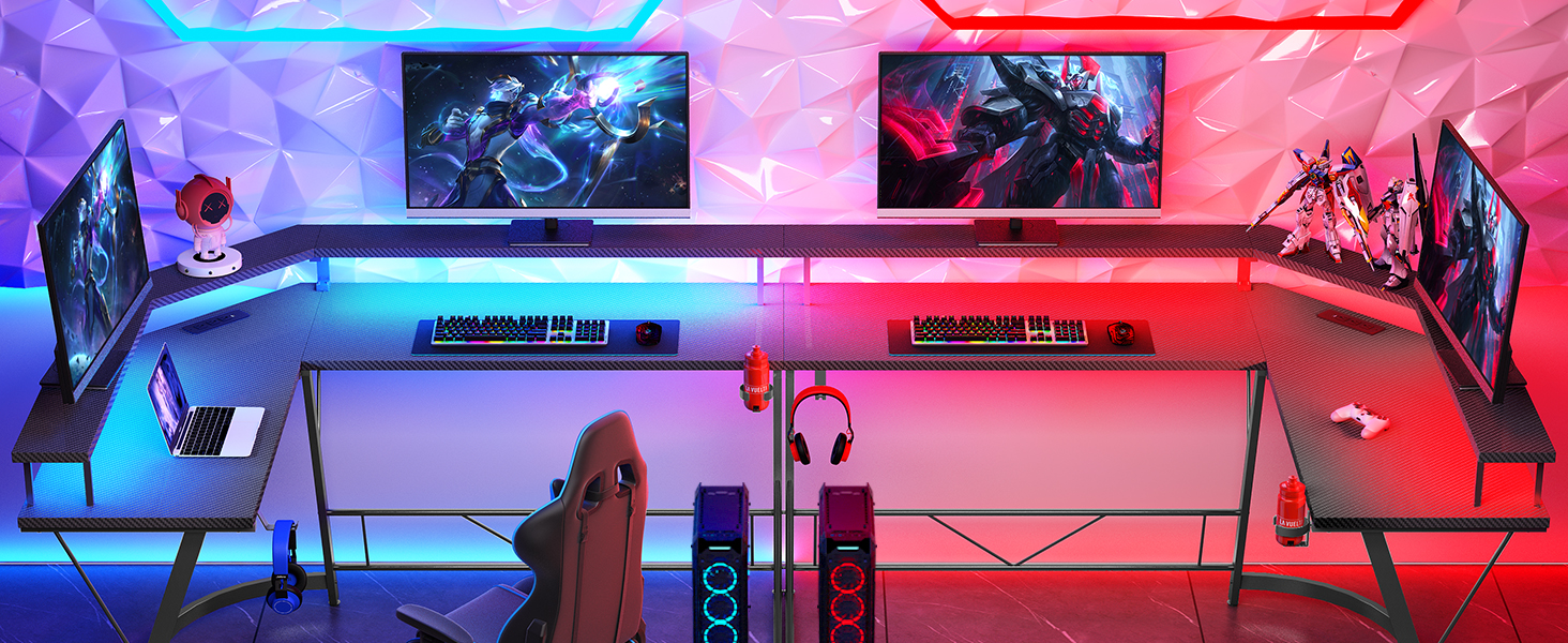 Mr IRONSTONE Gaming Desk with Led Lights ＆Power Outlet, L Shaped