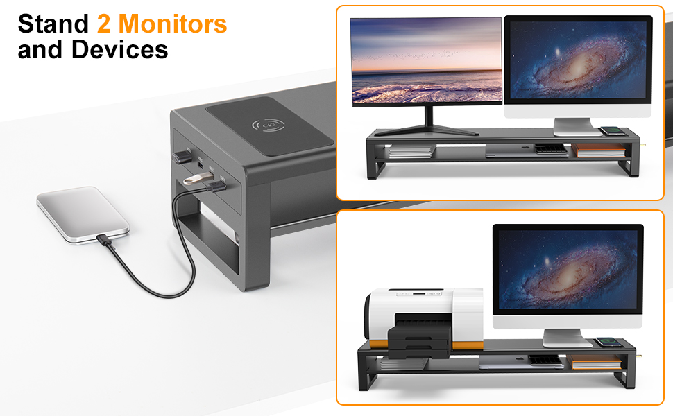 2 Tiers Dual Monitor Stand with Auto Charging Pad, 4 USB 3.