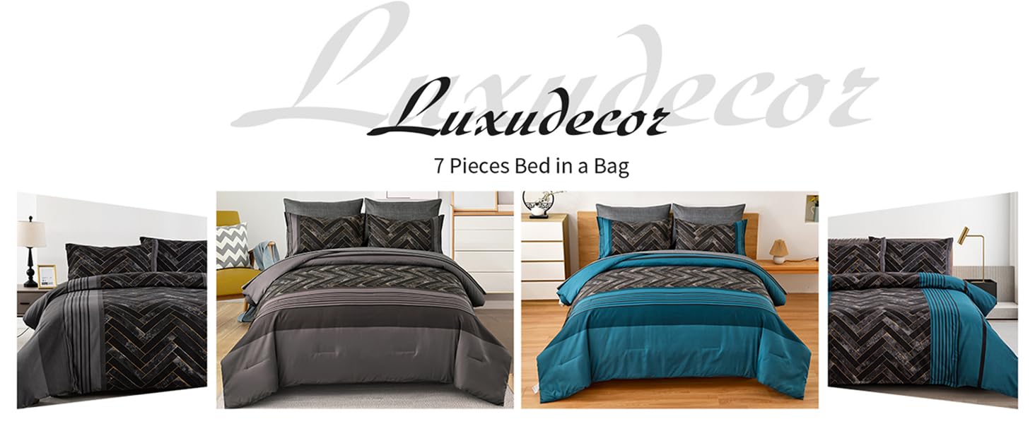 Luxudecor Stripe Comforter Set King Size 7 Pieces Grey