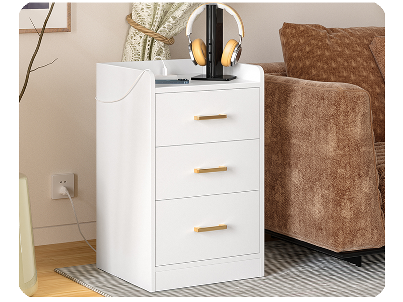 FOTOSOK White Nightstand with Charging Station, 3 Drawer