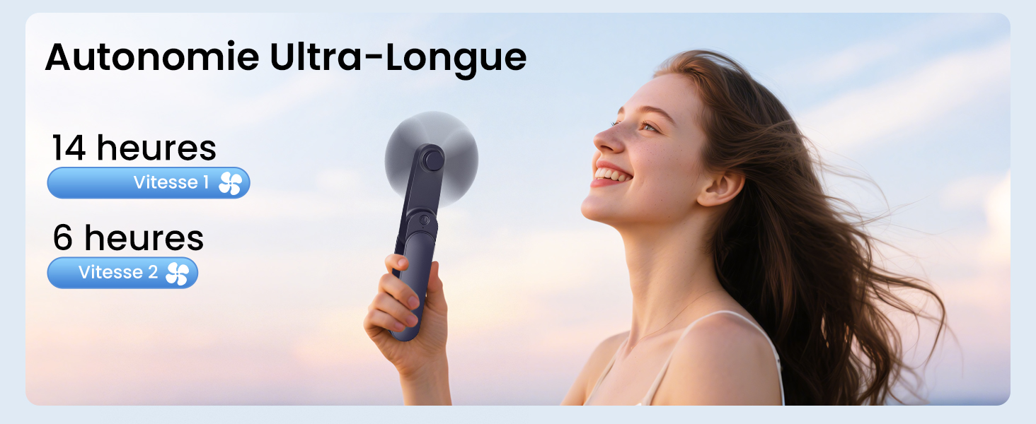 Ventilateur électrique portatif avec texte indiquant une autonomie de 14 heures à haute vitesse et de 6 heures à basse vitesse.