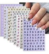 8 Sheets Old Letters Nail Art Stickers Decals Black White English Character Nail Decals Laser Gli...