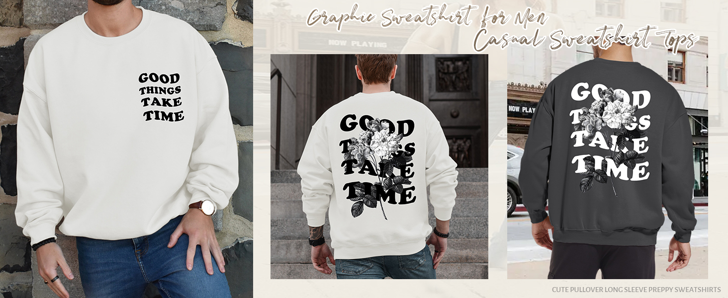 Floral Letter Print Hoodie Casual Loose Fit Retro Crewneck Pullover