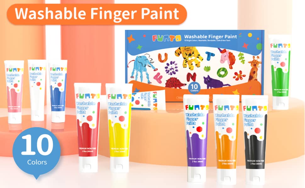 Funto Washable Finger Paint for Kids, Safe & Non-Toxic Finger Painting for Toddlers 1-3, Bath Paint, Toddler Art Painting Supplies, Kids Age 1 2 3 4 5 6+, 10 Assorted Colors(2.1 fl.oz) 7 washable finger paint