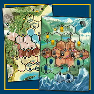 Two sides of a game board showing a Pacific coastline and an Alpine town, divided into hexes