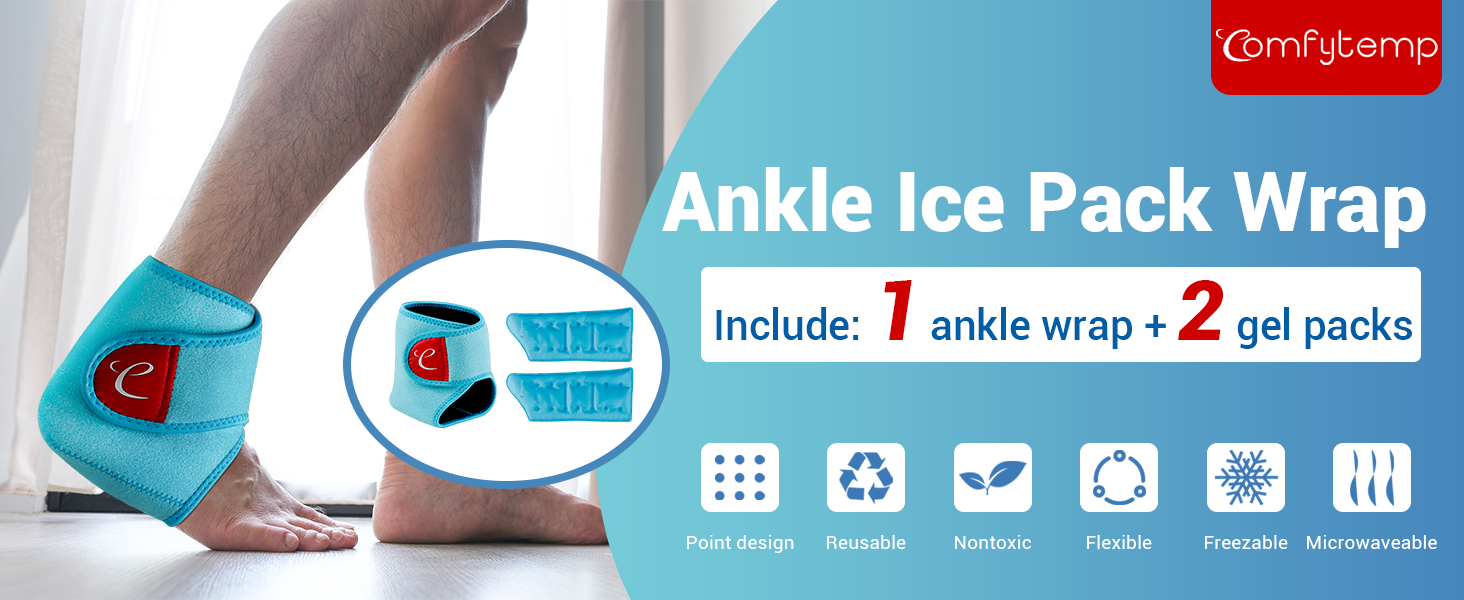 Comfytemp Ankle Ice Pack Wrap Brace for Swelling, Foot Pain Relief, 2 Gel Ice Packs