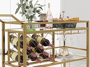 FATORRI Bar Cart for The Home with Wine Rack and Glasses Holder (Gold)