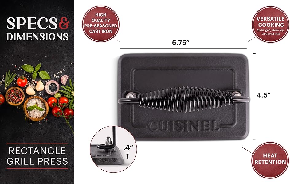 Grill Press Cast Iron Burger Press for Bacon, Steak & Hamburgers 6.