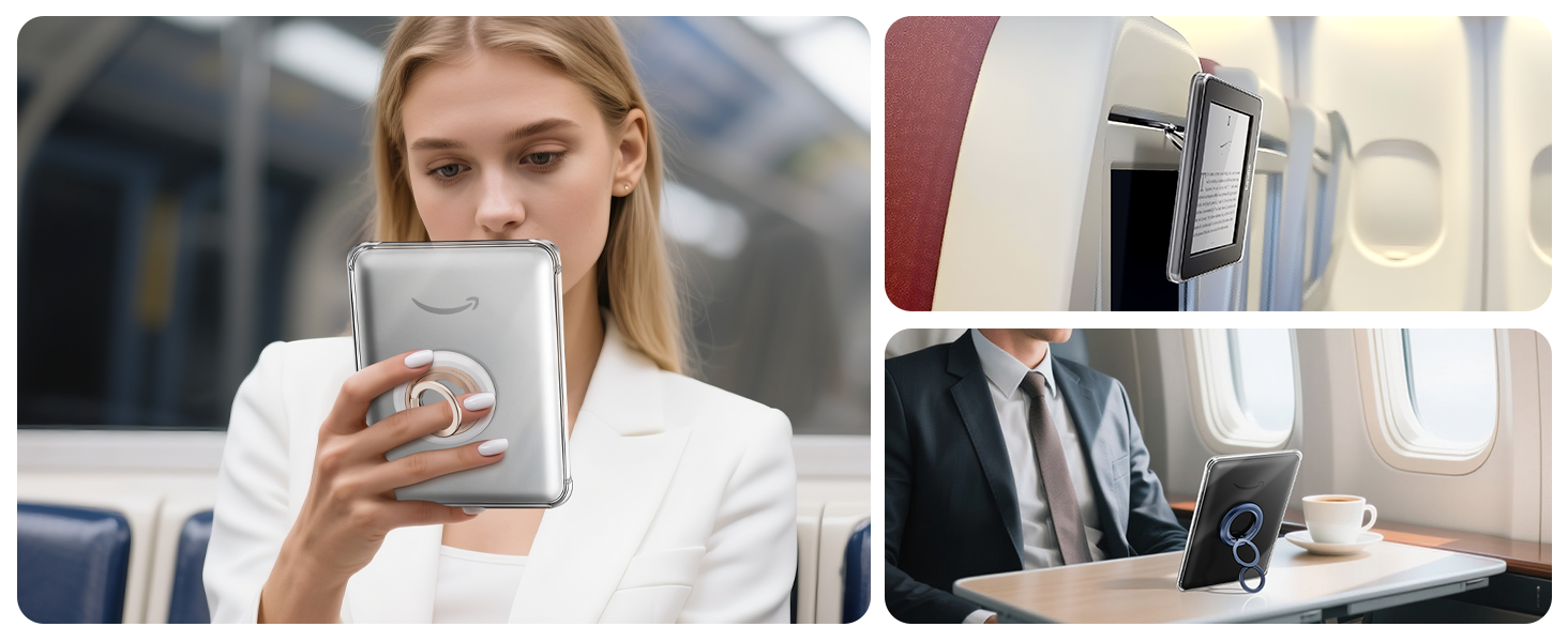 Multiple images showing hands interacting with and holding white electronic devices in different settings and angles.