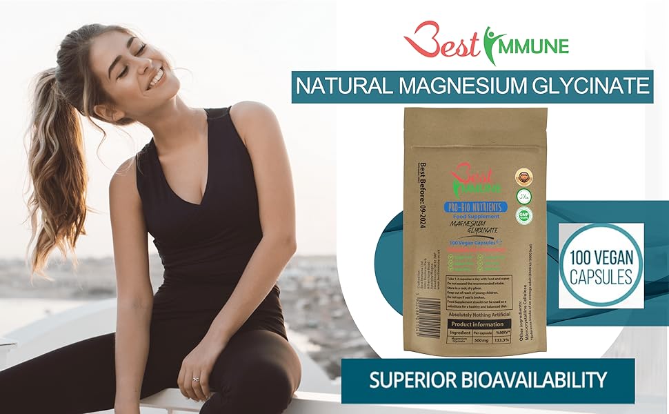 Natural Magnesium Glycinate 500mg Premium Quality Ideal Strength 100