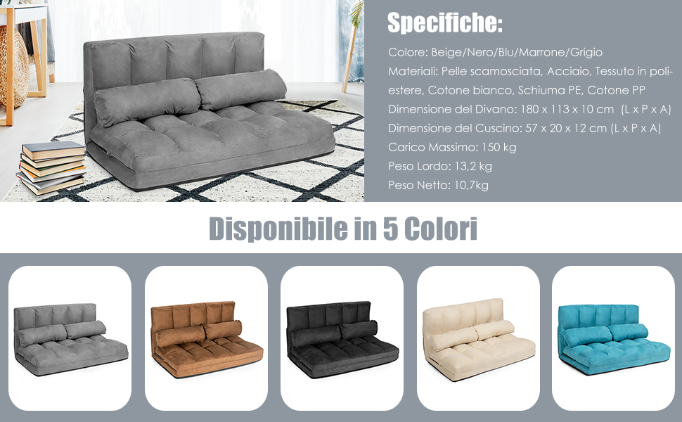 RELAX4LIFE Divano 2 Posti Trasformabile In Letto Con 2 Cuscini Da Pavimento, Design Pieghevole E Salvaspazio E Schienale Regolabile In 6 Livelli (Nero) 5 1