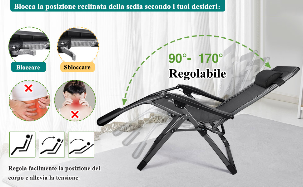 Diagramma della sedia reclinabile che mostra le posizioni regolabili da 90° a 170°. Le icone illustrano le funzioni di blocco e sblocco e il posizionamento del corpo per il massimo comfort