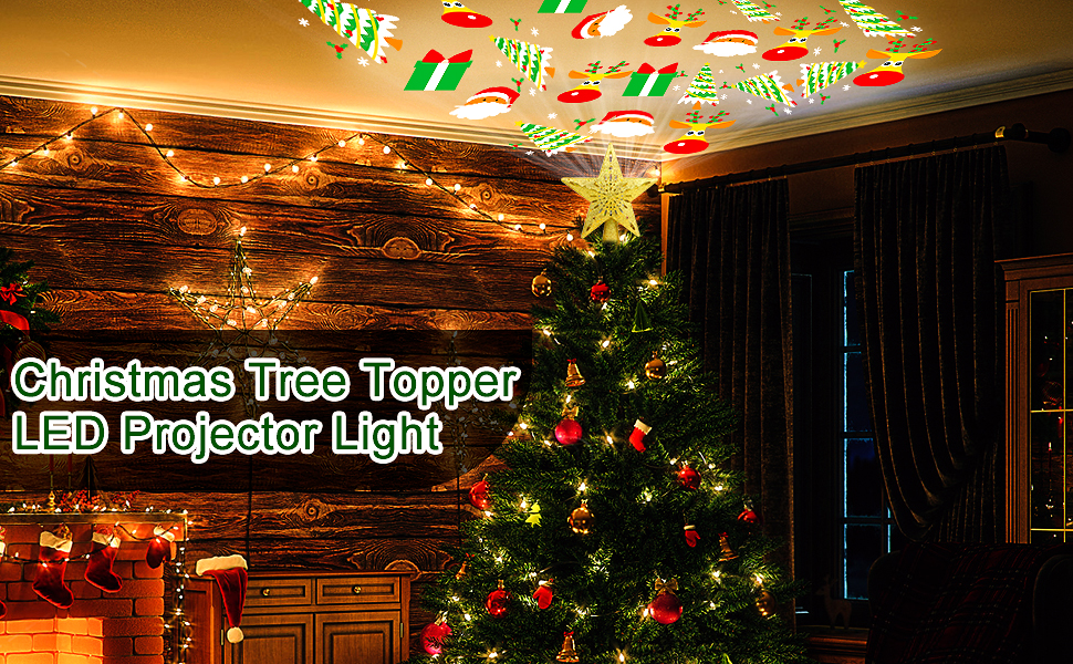 Christmas Tree Topper Projector Light with 6 Patterns, Gold