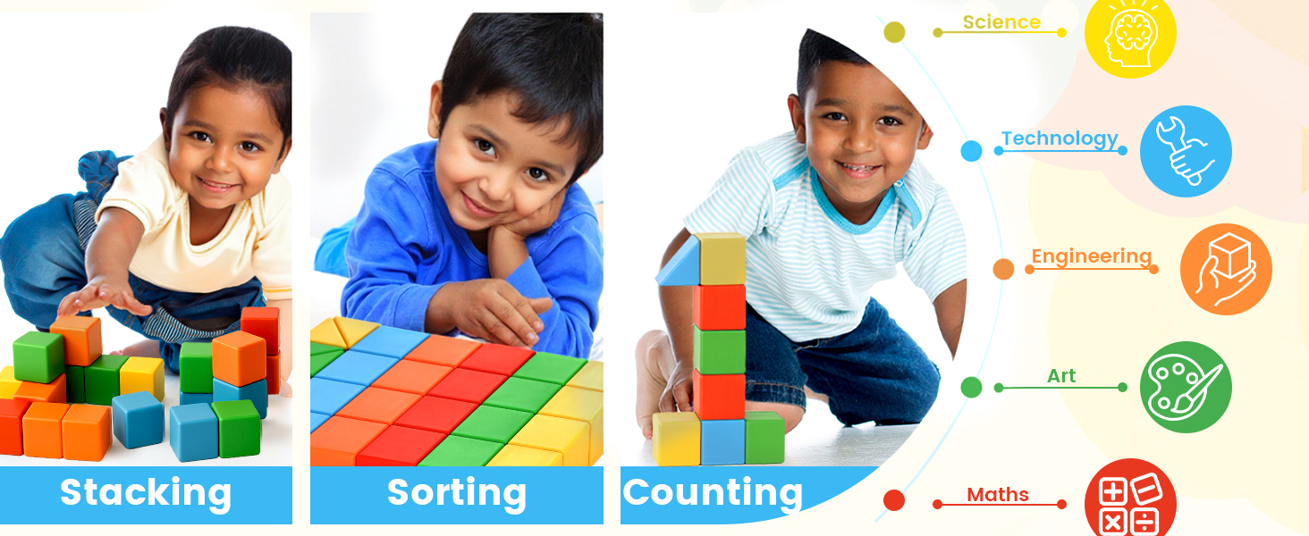 Timeline graphic showing toddlers stacking blocks, 3-5-year-olds building structures