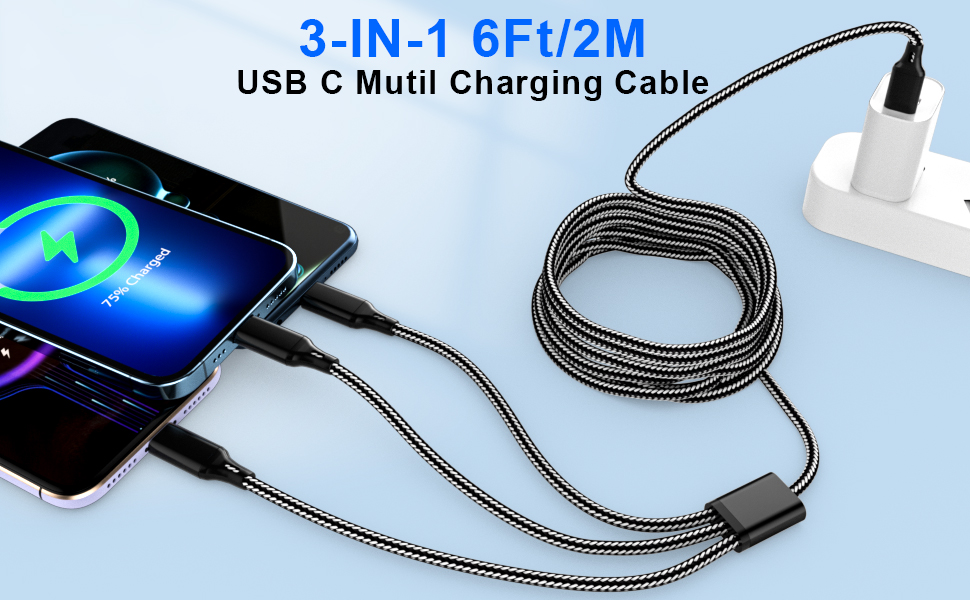 USB C to Multi 3 in 1 USB Long Charger Cable, 2M/6Ft Fast