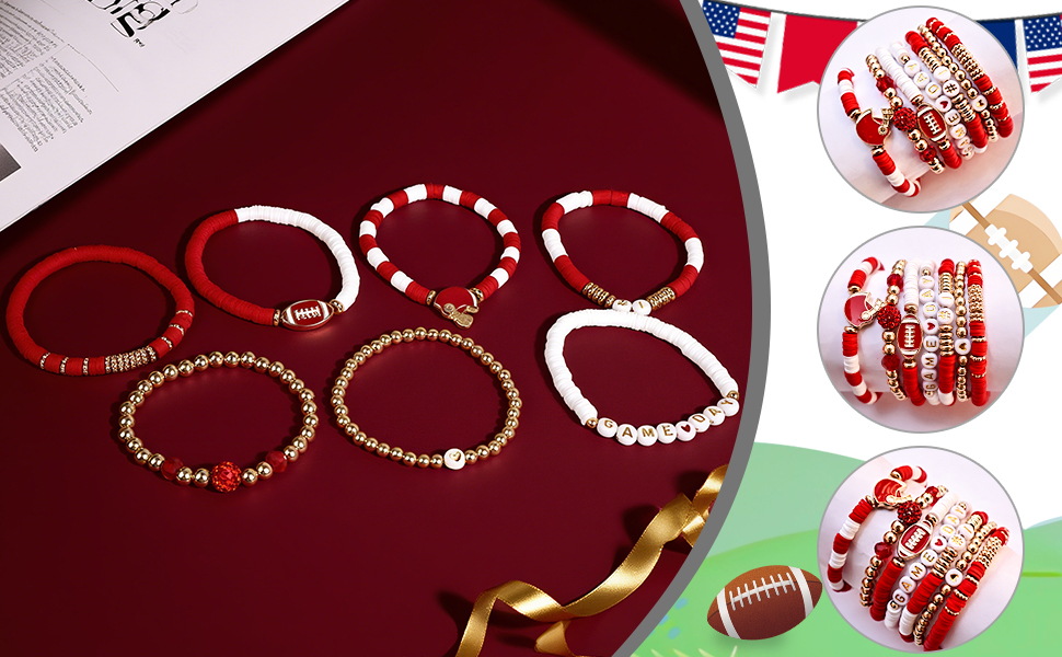 game day bracelet Football Charm Beaded Stretch Bracelet -red