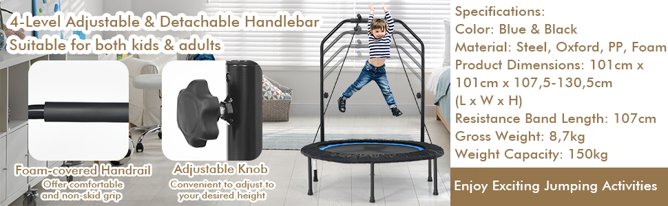 Costway 40” Foldable Trampoline with 2 Resistance Bands, Mini Rebounder w/Height Adjustable Handrail