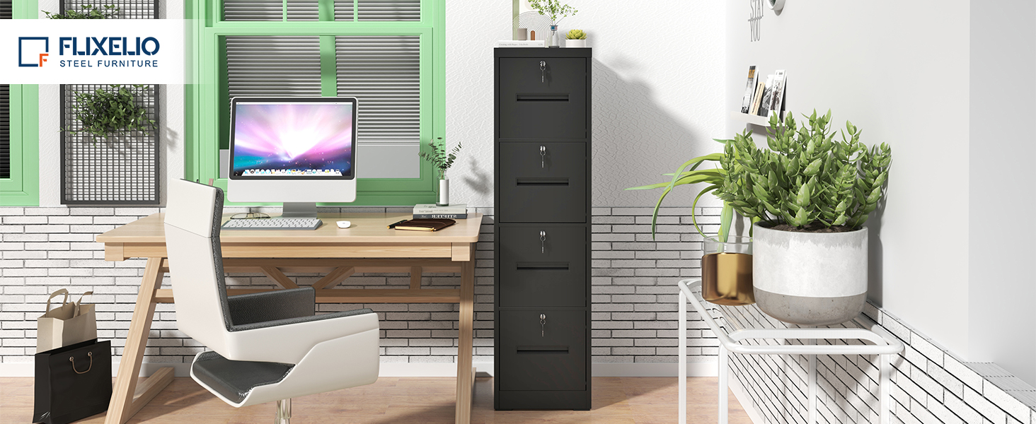 FLIXELIO 4 Drawer File with Lock, Black Filing