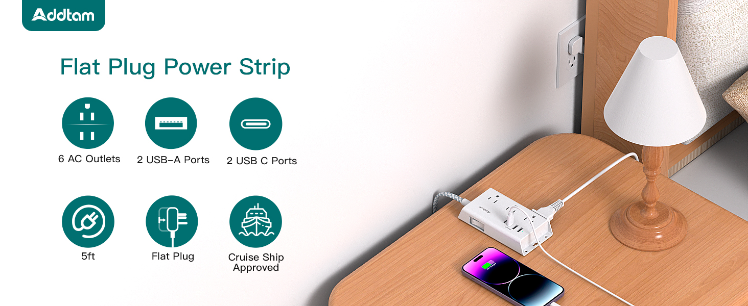 Flat Plug Power Strip, 5ft Ultra Flat Extension Cord 6