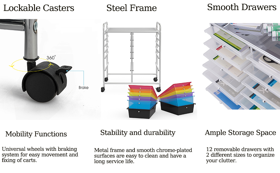 SILKYDRY Rolling Storage Cart with 12 Drawers, Multipurpose