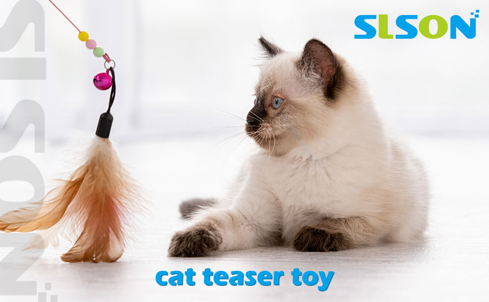 SLSON Feather Teaser Cat Toy, Interactive Cat Catcher and Exerciser Wand for Cats and Kitten Playing, with Feather, Bell and Flexible Wire 9 cat teaser toy