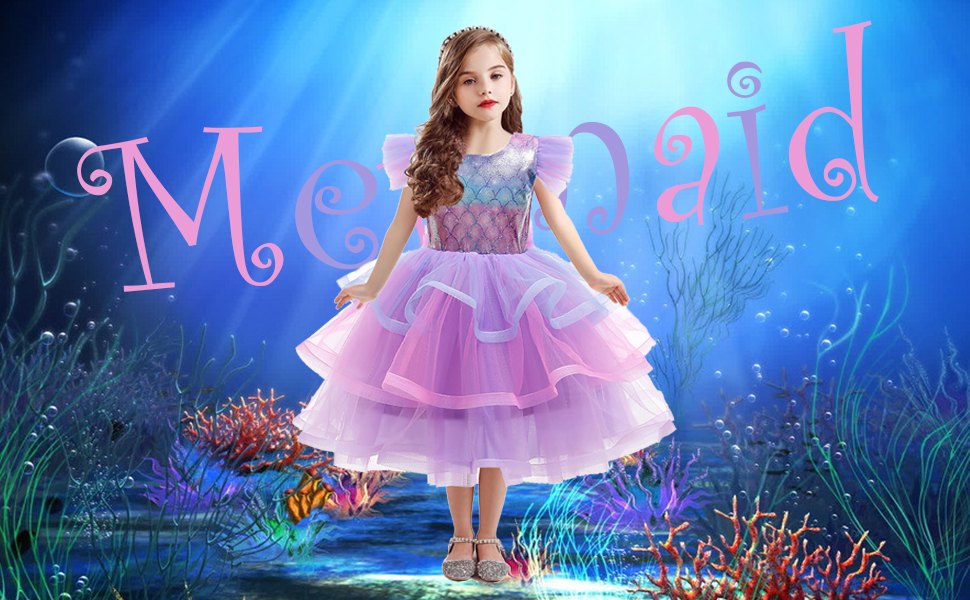 Excefore Mermaid Costume for Girls, Princess Dress Girls Party Cosplay Girl Clothing Birthday Princess Dress Kids Costume With Princess Jewelry Crown Set, 120cm 17 little mermaid costume