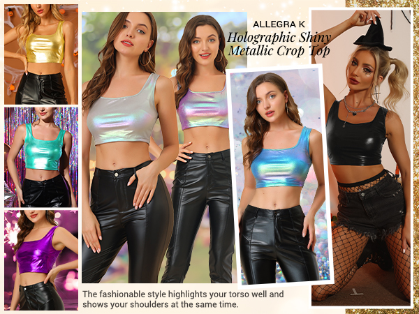カヅアキ Allegra K Metallic Crop Top for Women's Halloween Sleeveless