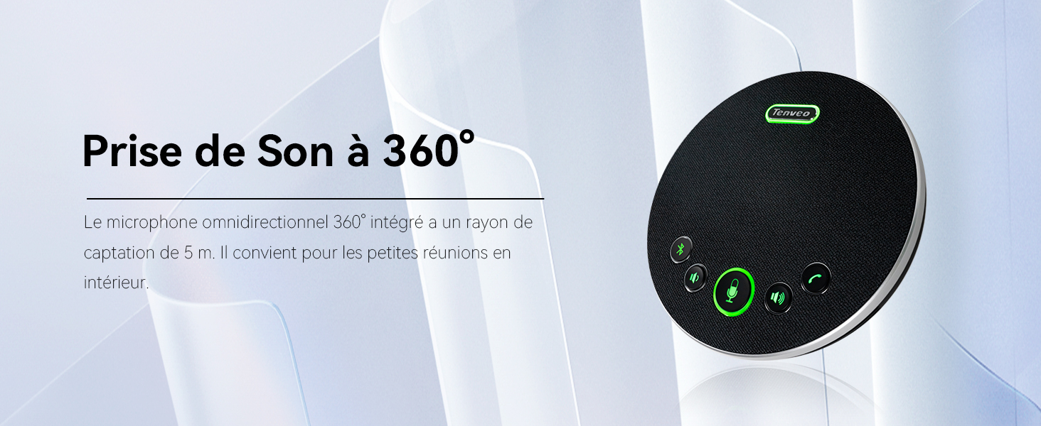 Appareil noir circulaire avec boutons verts pour une capture sonore à 360 degrés. Texte français « Prise de Son à 360° »