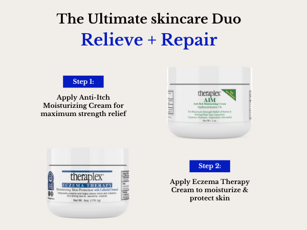 step 1 apply AIM to stop the itch, and step 2 use theraplex eczema therapy to moisturize