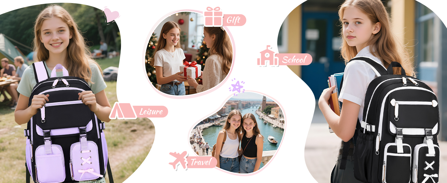 Collage de jeunes femmes avec des sacs à dos. L'image principale montre une femme souriante portant un sac à dos noir et blanc aux accents violets. Les images latérales représentent des interactions sociales et des scènes de voyage