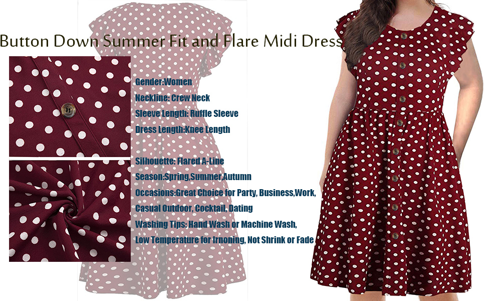 Women's Summer Plus Size Ruffle Sleeve O-Neck Button Down Casual A-Line Swing Dress with Pockets