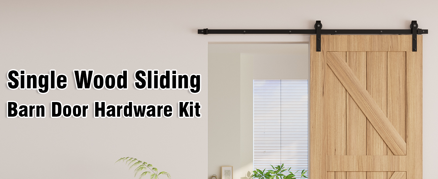 Text reads 'Single Wood Sliding Barn Door Hardware Kit'. Images showing wooden barn door installation with black metal sliding track hardware system.