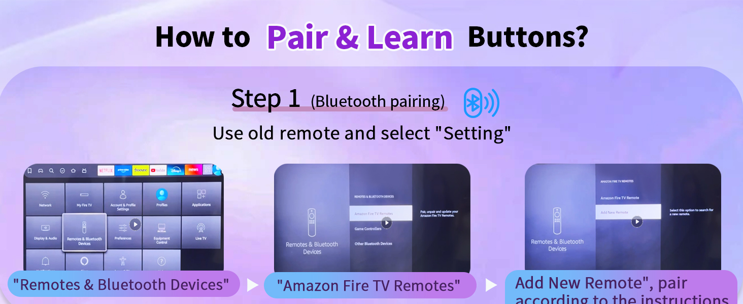 Text reads 'How to Pair & Learn Buttons?' Purple-tinted instructional interface showing step-by-step button configuration process.