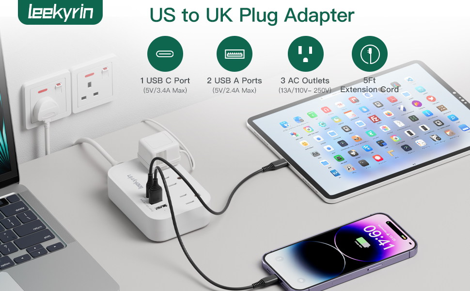 US to UK Ireland Plug Adapter, 5FT Extension Cord, Type G