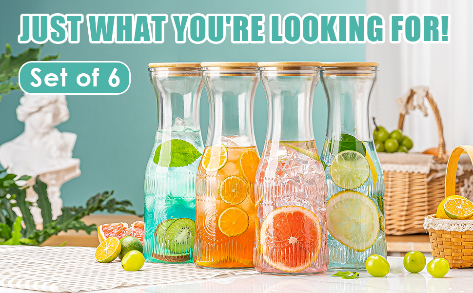 wookgreat Glass Carafe Pitchers with Lids, Set of 6 1 Liter