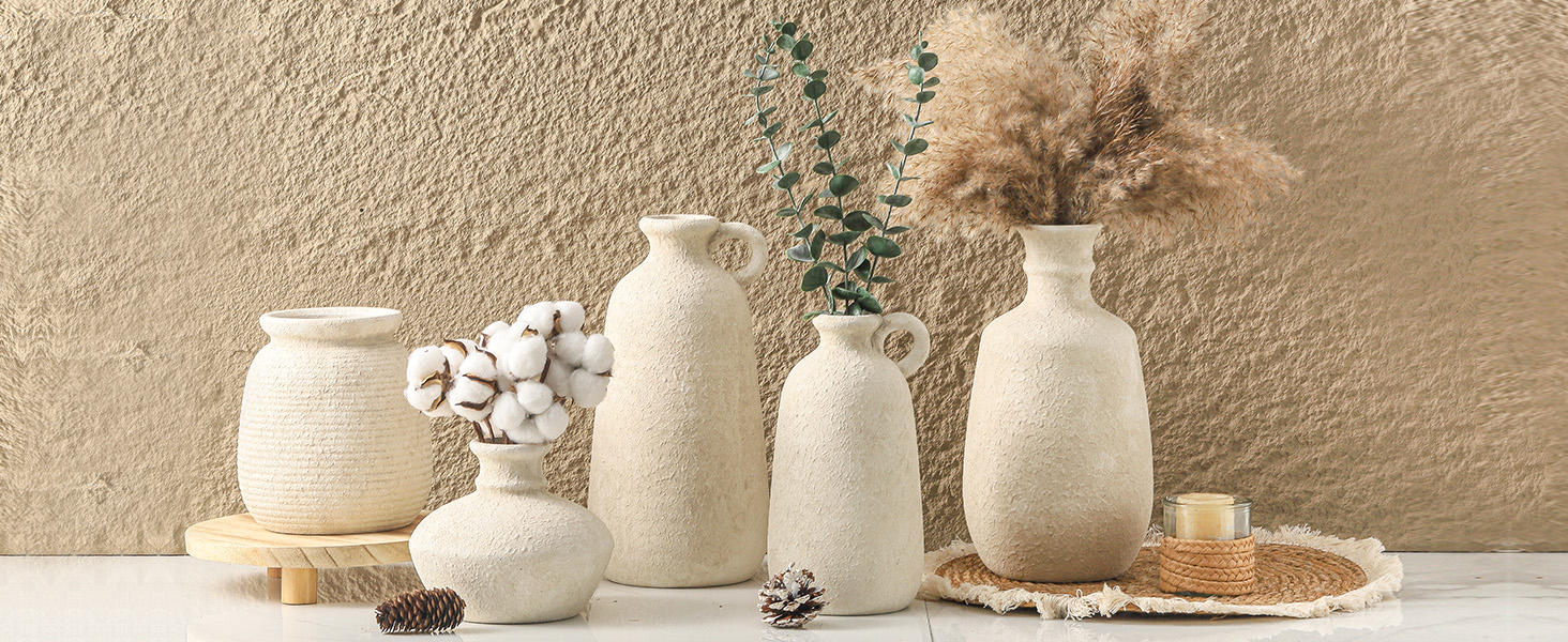 OOIT Ceramic Rustic Farmhouse Vase, 7.48 Inch Pampas Vase