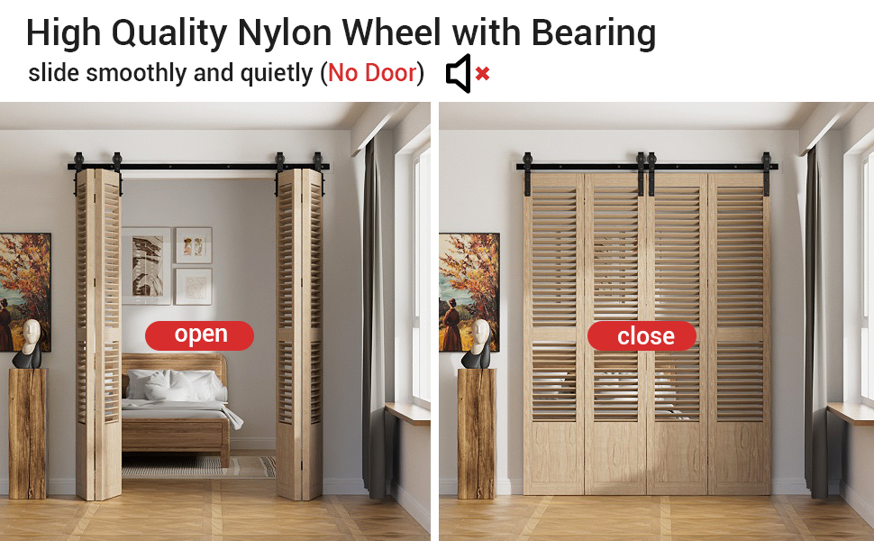 Schiebetürsystem mit Rädern und Lagern aus Nylon. Zwei Paneele zeigen offene und geschlossene Positionen und geben den Blick auf ein Schlafzimmer frei. Das Produkt behauptet, dass es ohne Tür reibungslos und leise funktioniert.