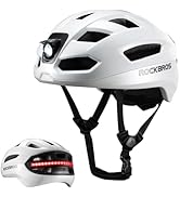 Multiple views of a white protective helmet with integrated LED rear light strip, showing different angles and safety features.
