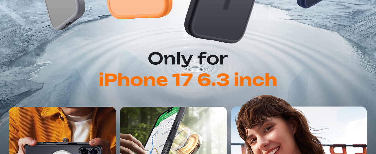 Text reads 'iPhone 17 6.3 inch'. Demonstration showing a device being used in multiple everyday scenarios including desk and outdoor settings.