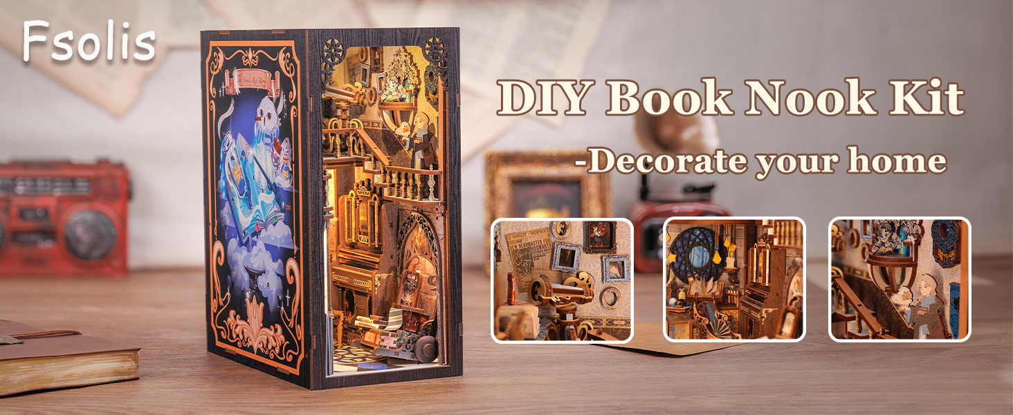 Fsolis DIY Book Nook Kit,3D Wooden Puzzle Bookends Book Nook Shelf