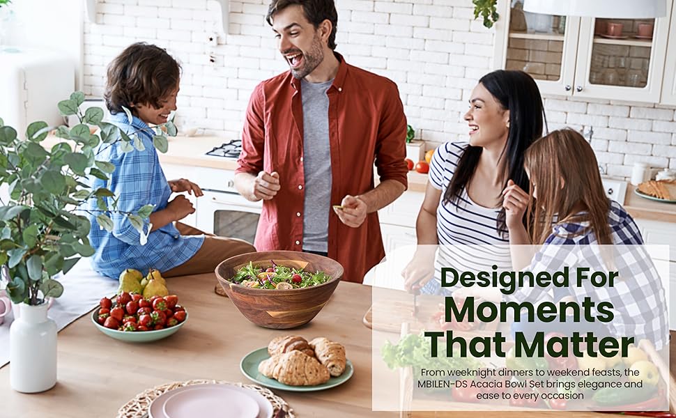 Family enjoying a gathering around a large wood serving bowl. Perfect for everyday meals.