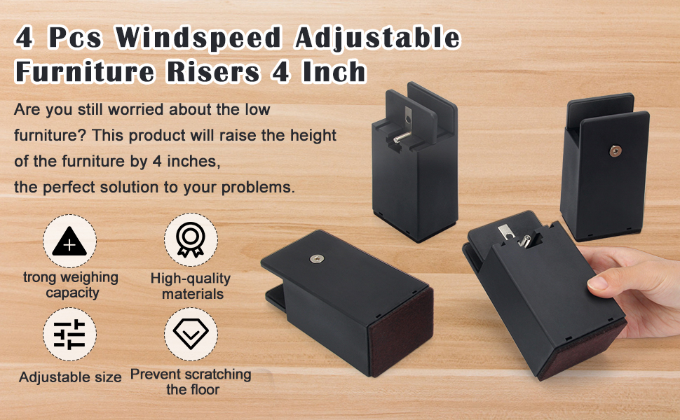 Windspeed 4 Pcs Adjustable Furniture Risers 4 Inch, Square
