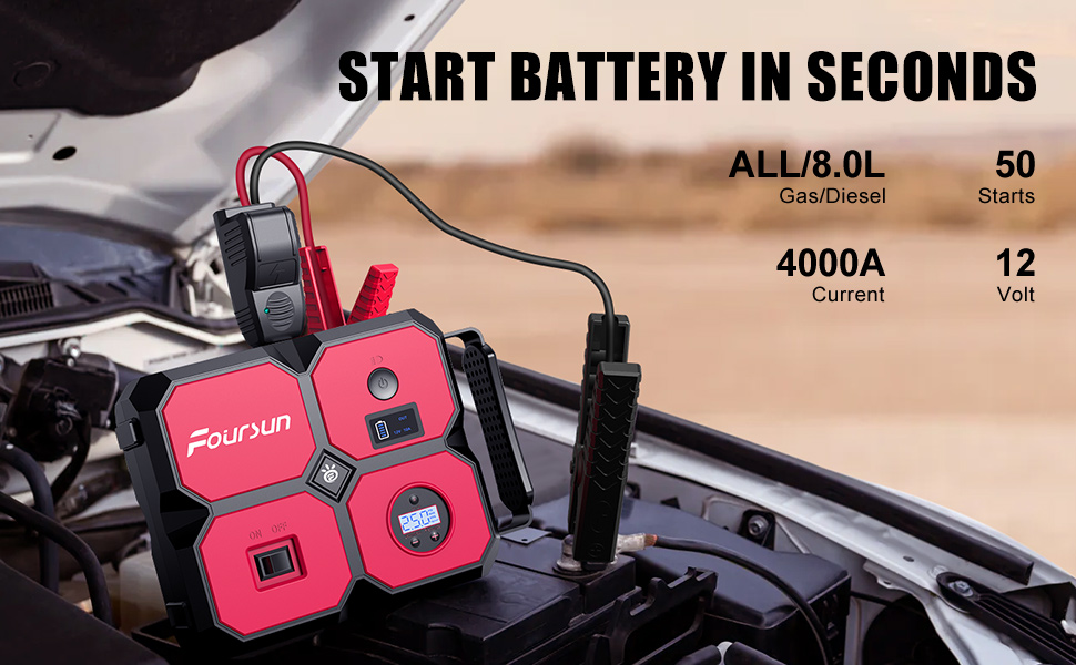 Portable Car Jump Starter with Air Compressor, Foursun 4000A 26800mAh Jump Starter