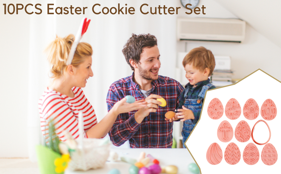 Easter Cookie Cutter Set,10 Pieces 3D Plastic Easter Egg Stampers Set