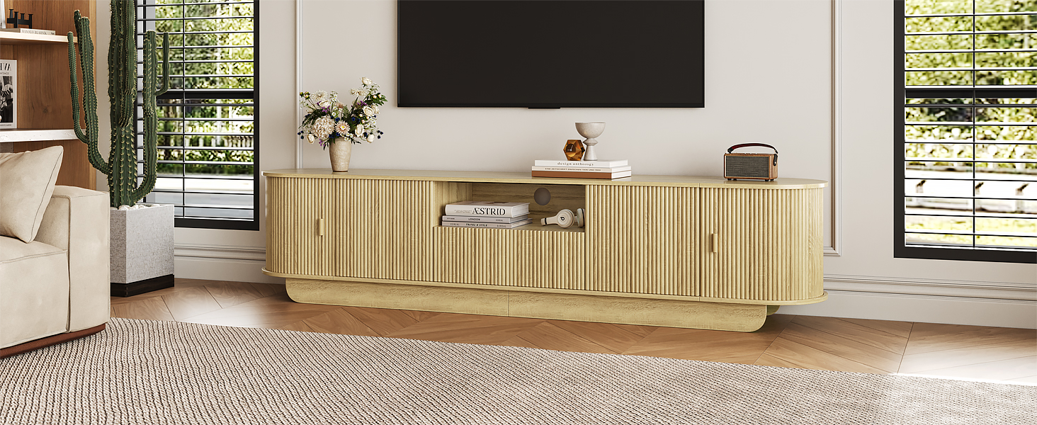 Tambour TV Stand, Modern Entertainment Center with Large Storage Cabinet & Open Shelves, TV Console